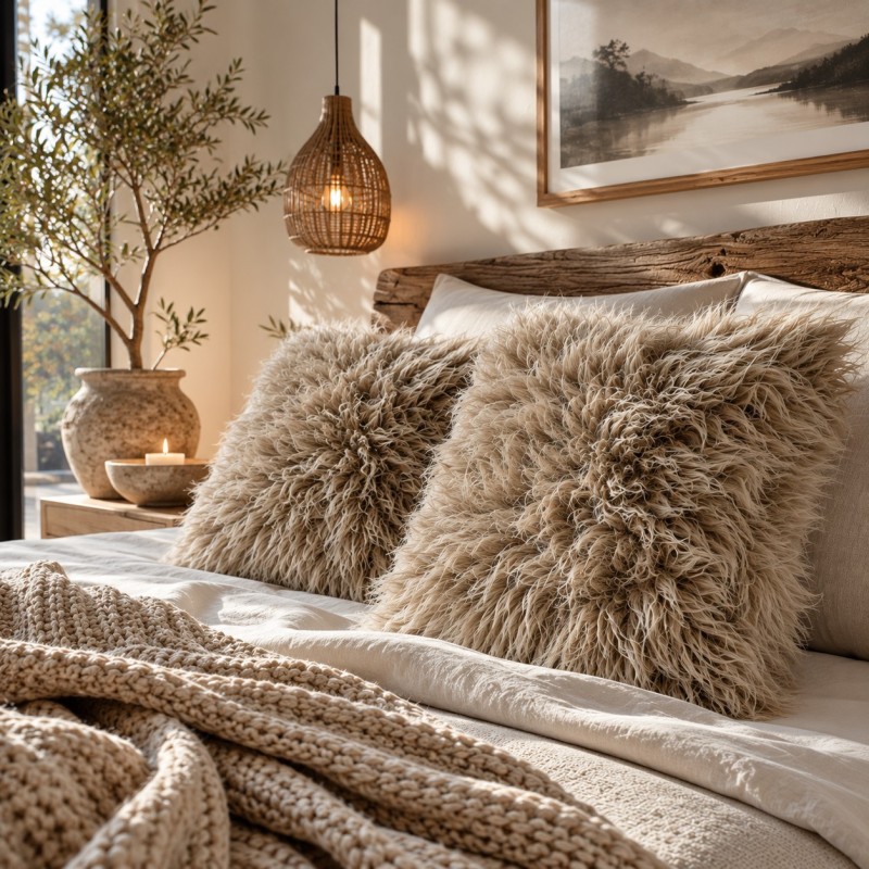 Paire de coussins taupe en véritable peau de mouton, 40 cm