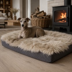 Real Sheepskin Memory Foam Dog Bed. Long Haired Orthopaedic Dog Bed Medium Oyster
