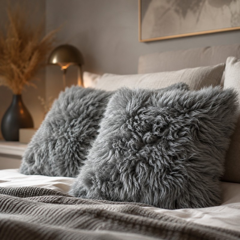 Two Large Grey Genuine Sheepskin Cushions 50cm