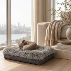 Genuine Sheepskin Pet Bed. Orthopaedic Dog Bed. Long-Haired Grey Pet Bed Medium