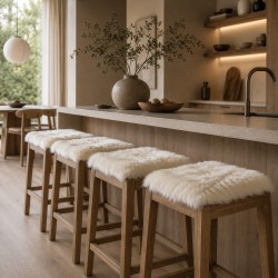 Long Haired Genuine Sheepskin Square Seat Pads 40cm, Pair Of Ivory Chair Pads