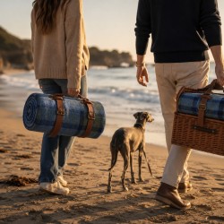 Couverture de voyage rembourrée avec poignée de transport, tartan bleu