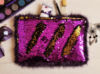 Purple and Gold Faux Fur and Sequin Clutch Bag