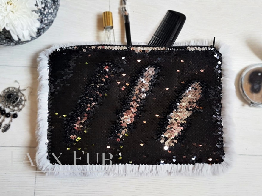 Silver and Black Faux Fur and Sequin Clutch Bag