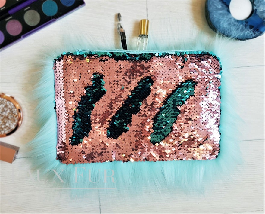Turquoise and Pink Faux Fur and Sequin Clutch Bag