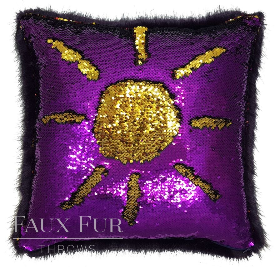 Amethyst Purple and Gold Faux Fur and Sequin Cushion