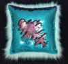Turquoise and Pink Faux Fur and Swipe Sequin Cushion